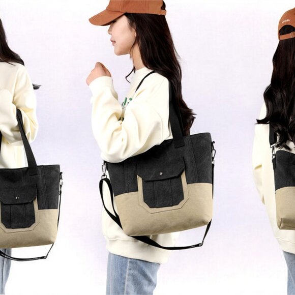 Canvas Tote Bag for Women Small Handbag with Zipper Shoulder - Black - Picture 9 of 9